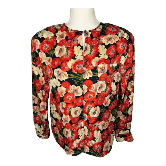 Anne Klein Vintage‎ Silk Blouse Red Floral Print Petite Medium - Picture 1 of 7